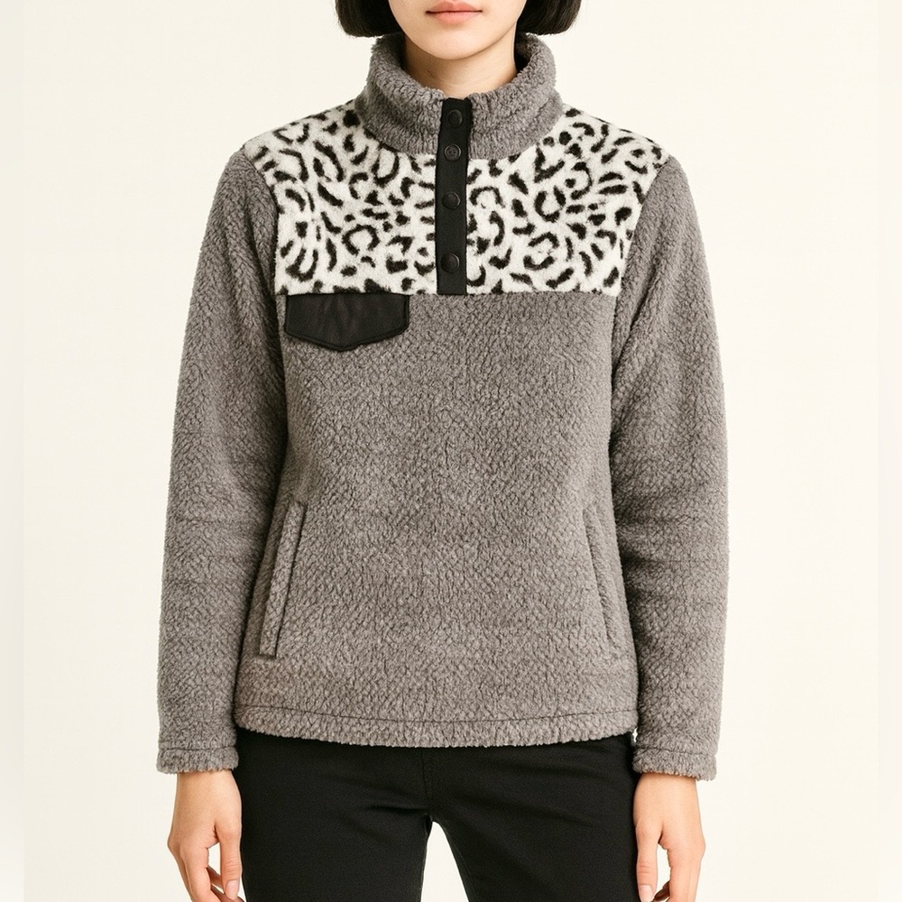 Cozy Gray Teddy Sherpa Pullover w/ Leopard Panel | Snap Front Fleece